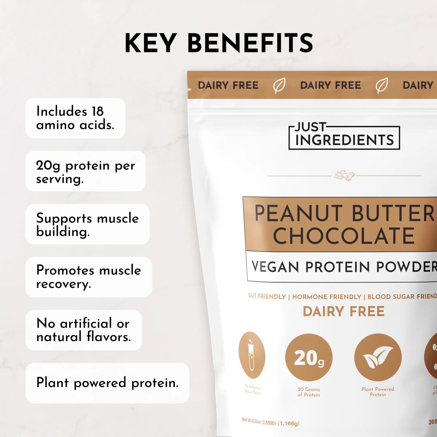 Just Ingredients Peanut Butter Chocolate Vegan Protein Powder 20G Plant-Based Protein Dairy Free Workout Supplement