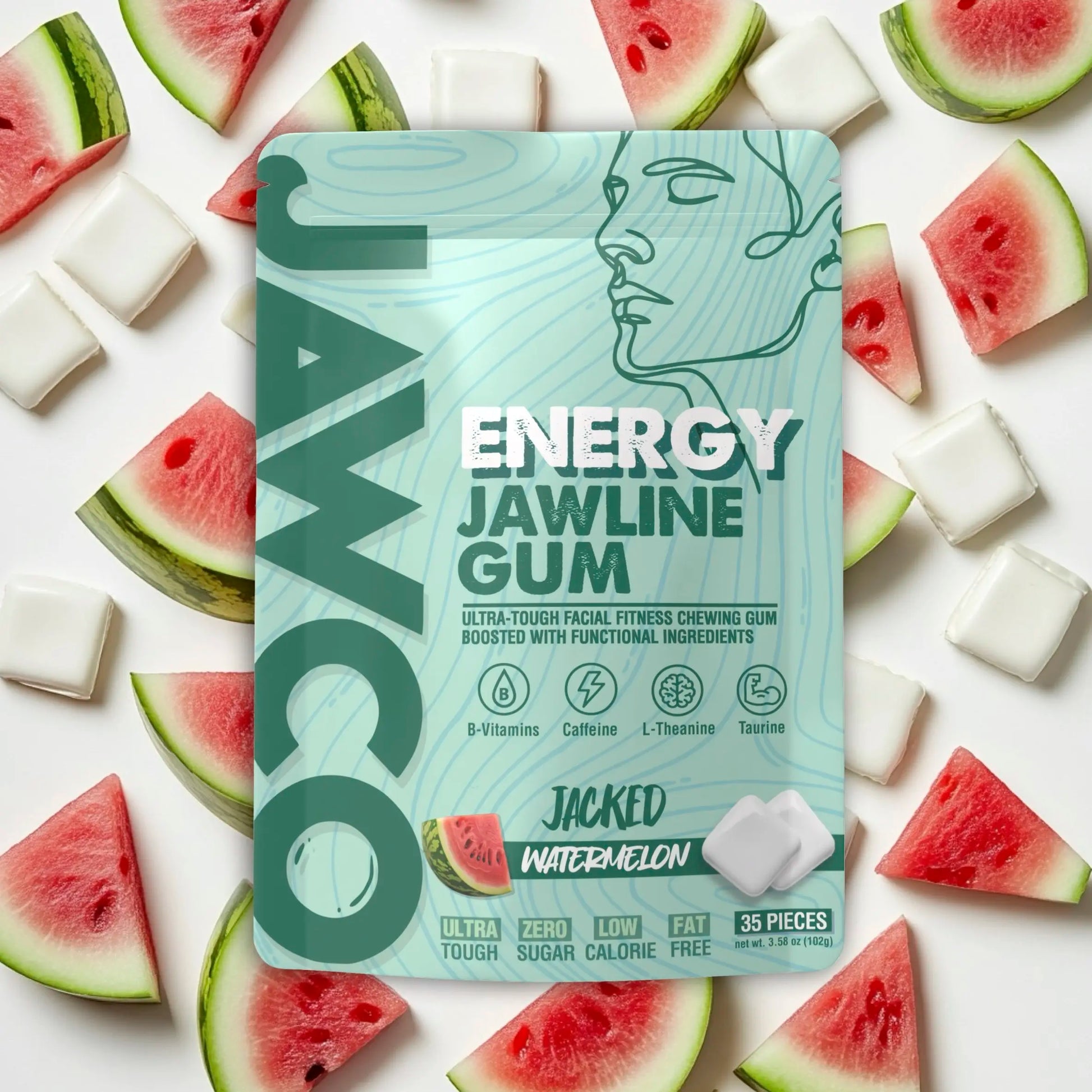 Transform Your Jawline with JAWCO Ultra-Tough Energy Chewing Gum | 30mg Caffeine & B Vitamins | Sugar-Free Watermelon Flavor | 35 Pieces for Daily Jaw Training