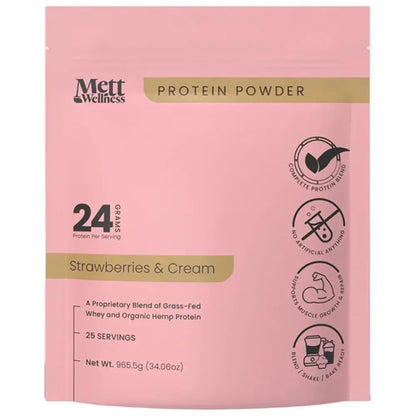 Indulge in Mett Wellness Strawberries & Cream Protein Powder - 24G of Grass-Fed Whey & Hemp Heart Goodness for Optimal Energy and Recovery!