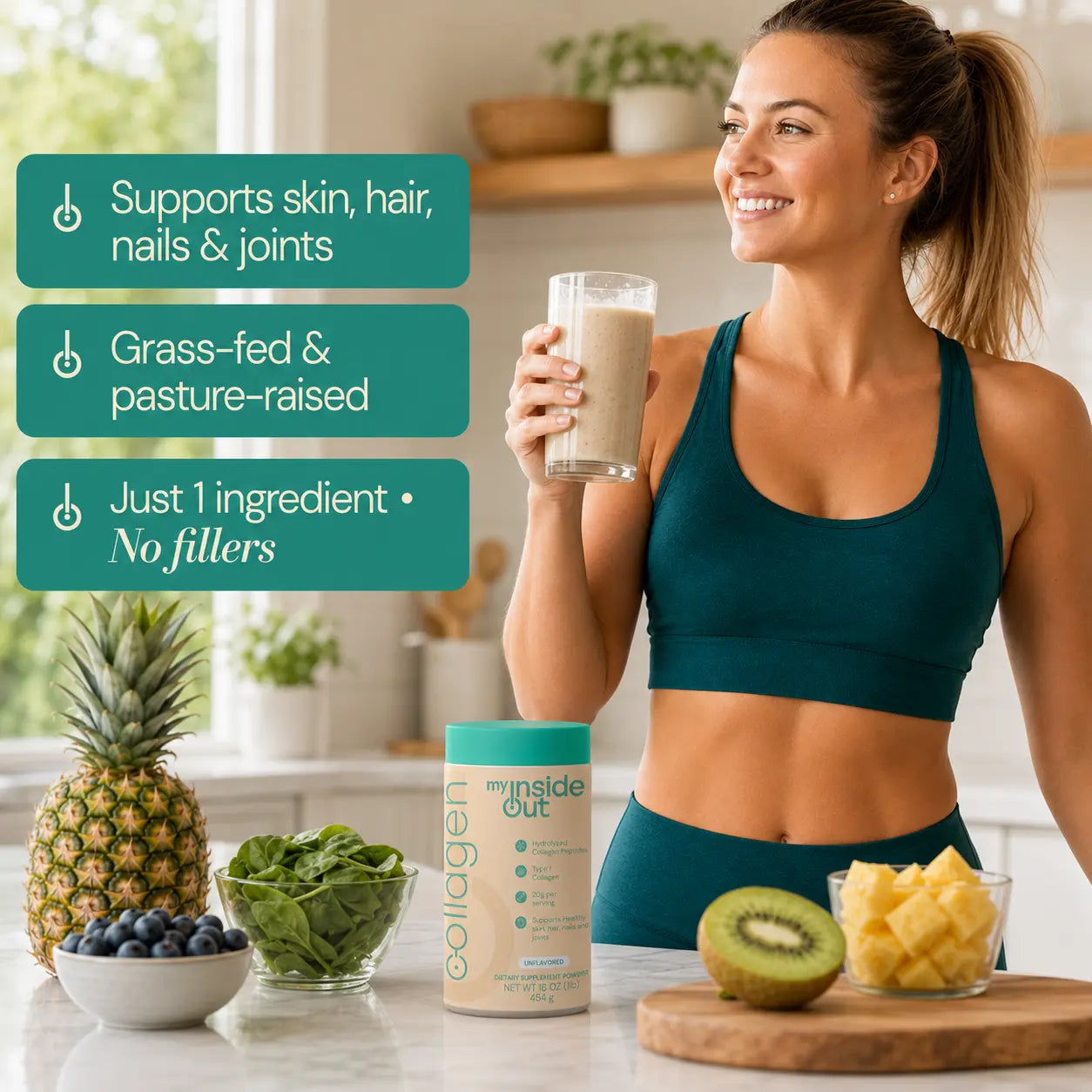 Elevate Your Wellness with Myinsideout Collagen Peptides Powder – Unflavored, Grass-Fed, and Packed with 20G Protein per Serving!