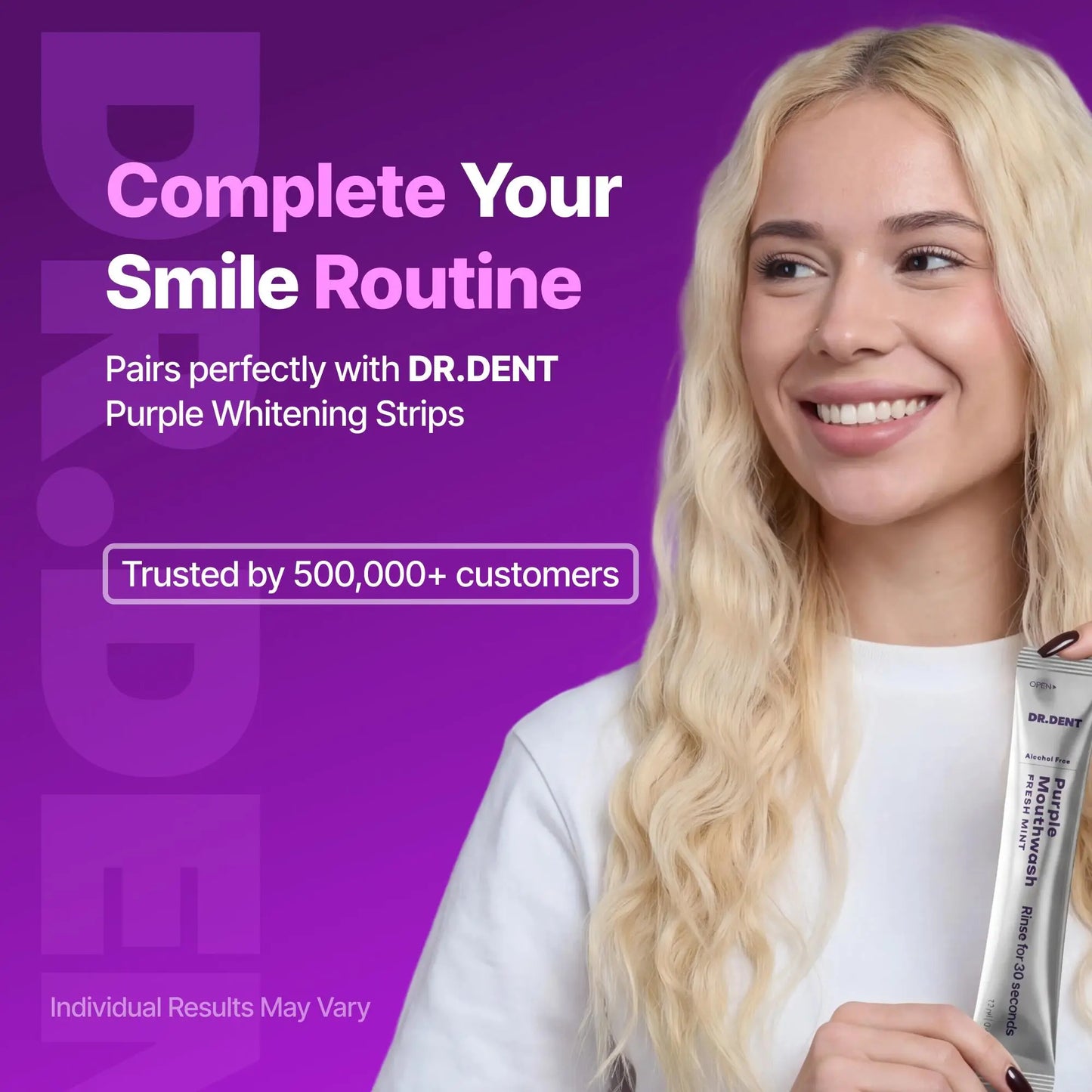 Transform Your Smile with DR.DENT's Purple Duo: Mouthwash & Whitening Strips for a Radiant, Confident You!