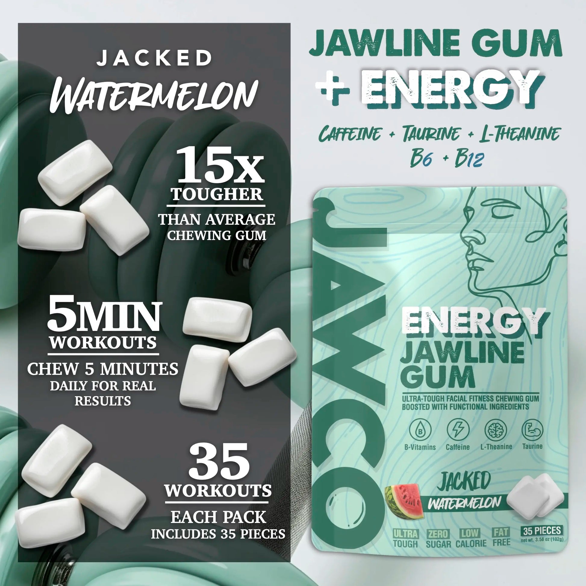 Transform Your Jawline with JAWCO Ultra-Tough Energy Chewing Gum | 30mg Caffeine & B Vitamins | Sugar-Free Watermelon Flavor | 35 Pieces for Daily Jaw Training