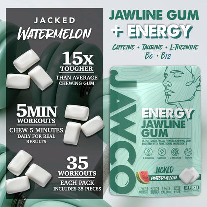 Transform Your Jawline with JAWCO Ultra-Tough Energy Chewing Gum | 30mg Caffeine & B Vitamins | Sugar-Free Watermelon Flavor | 35 Pieces for Daily Jaw Training