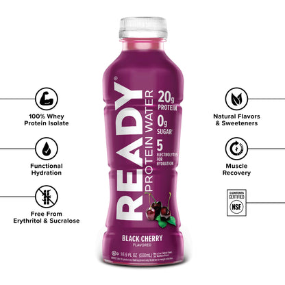 Revitalize Your Workout with Ready Protein Water - Black Cherry Flavor, 12 Pack Loaded with 20G of Protein!