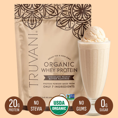 Elevate Your Nutrition with Truvani Organic Whey Protein Powder - 20g of Pure Grass-Fed Protein in 5 Delicious Flavors - USDA Organic, Non-GMO, Gluten-Free, and No Added Sugars!
