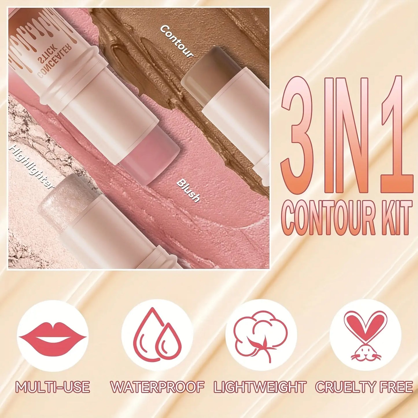 Achieve Flawless Radiance with Our 3-Piece Cream Contour Kit - Includes Contour Stick, Blush Stick, Highlighter Stick & Brush for Effortless Beauty!