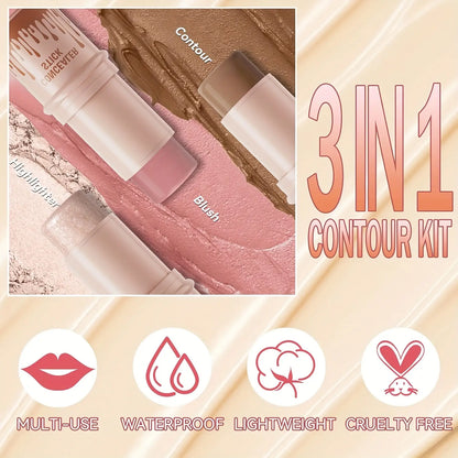 Achieve Flawless Radiance with Our 3-Piece Cream Contour Kit - Includes Contour Stick, Blush Stick, Highlighter Stick & Brush for Effortless Beauty!