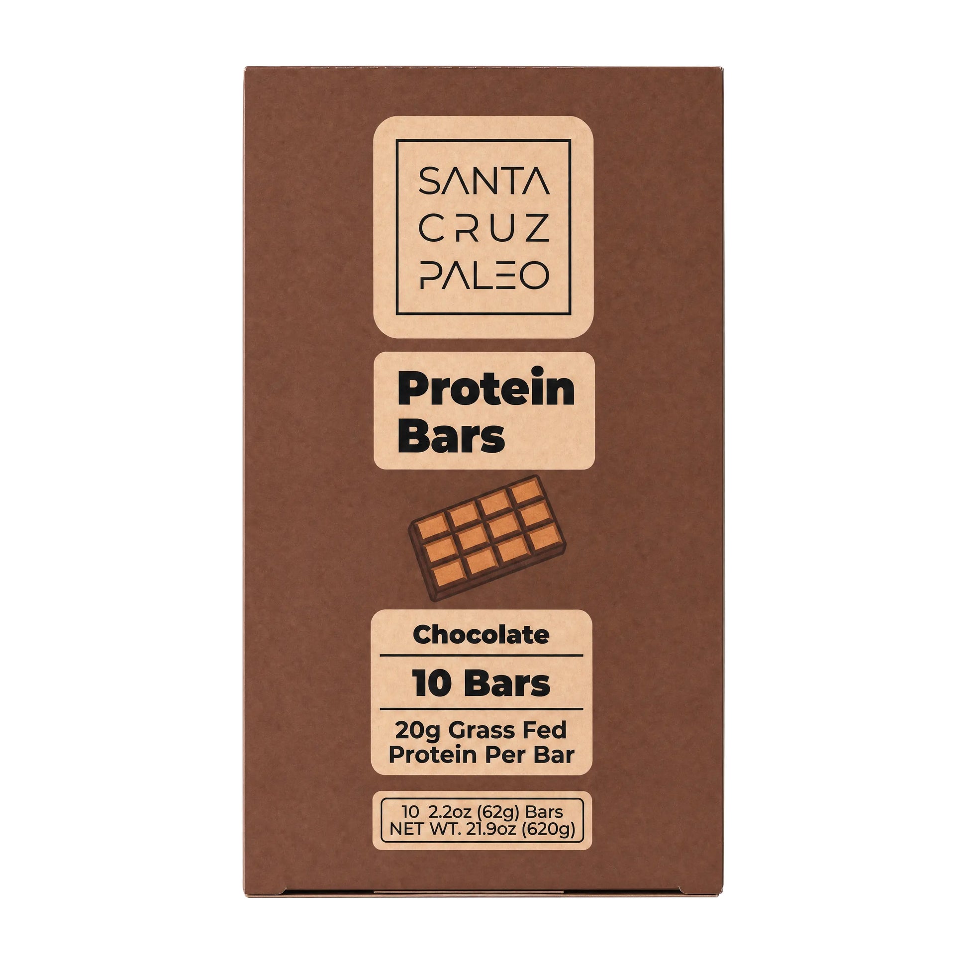 Indulge in Santa Cruz Paleo Chocolate Protein Bars - 20g of Grass-Fed Whey & Collagen Protein in Each Delicious Bar, Pack of 10 - A Wholesome High Protein Snack Sweetened Naturally with Wildflower Honey, Free from Seed Oils and Artificial Additives