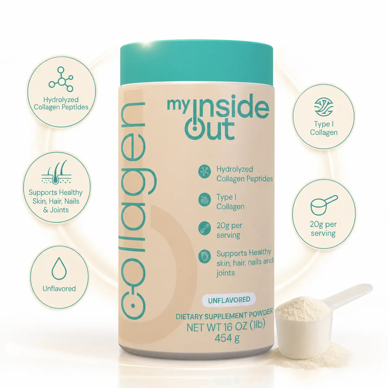 Elevate Your Wellness with Myinsideout Collagen Peptides Powder – Unflavored, Grass-Fed, and Packed with 20G Protein per Serving!