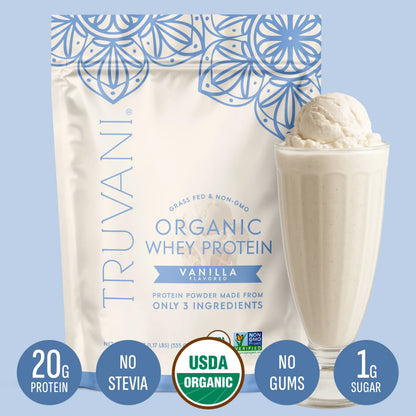 Elevate Your Nutrition with Truvani Organic Whey Protein Powder - 20g of Pure Grass-Fed Protein in 5 Delicious Flavors - USDA Organic, Non-GMO, Gluten-Free, and No Added Sugars!