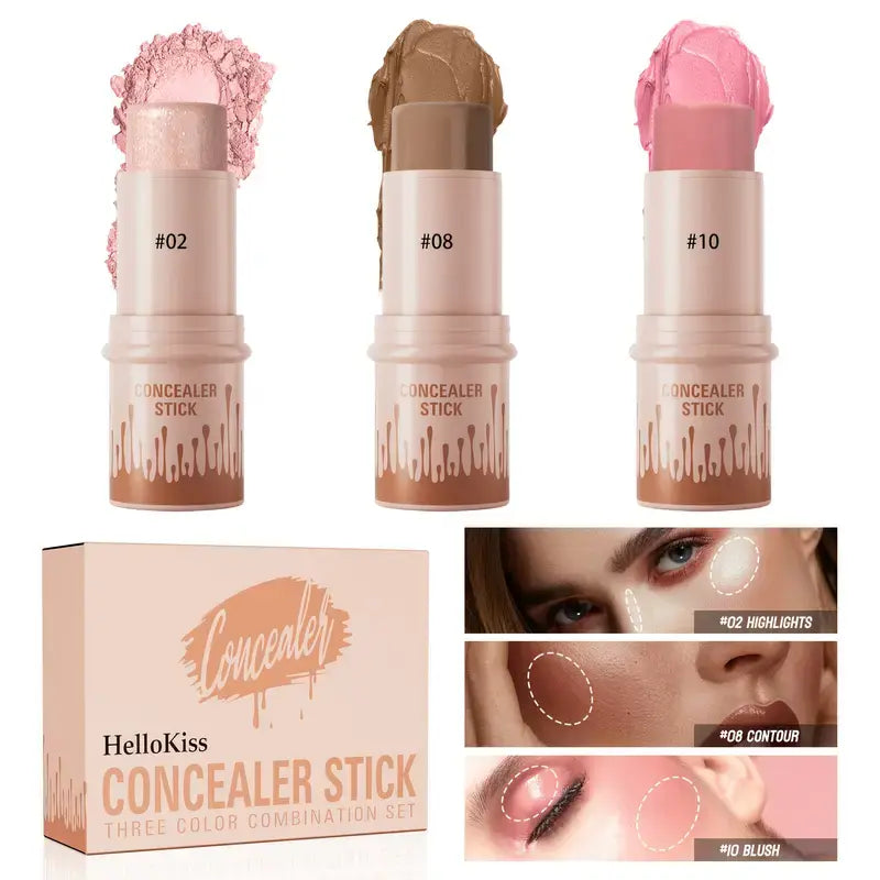 Elevate Your Makeup Game with Our 3-Piece Contour, Blush & Highlighter Stick Set – Long-Lasting, Waterproof Cream Formula for All Skin Types!
