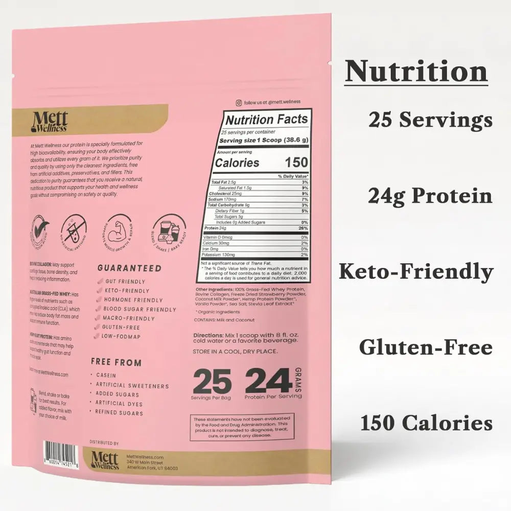 Indulge in Mett Wellness Strawberries & Cream Protein Powder - 24G of Grass-Fed Whey & Hemp Heart Goodness for Optimal Energy and Recovery!