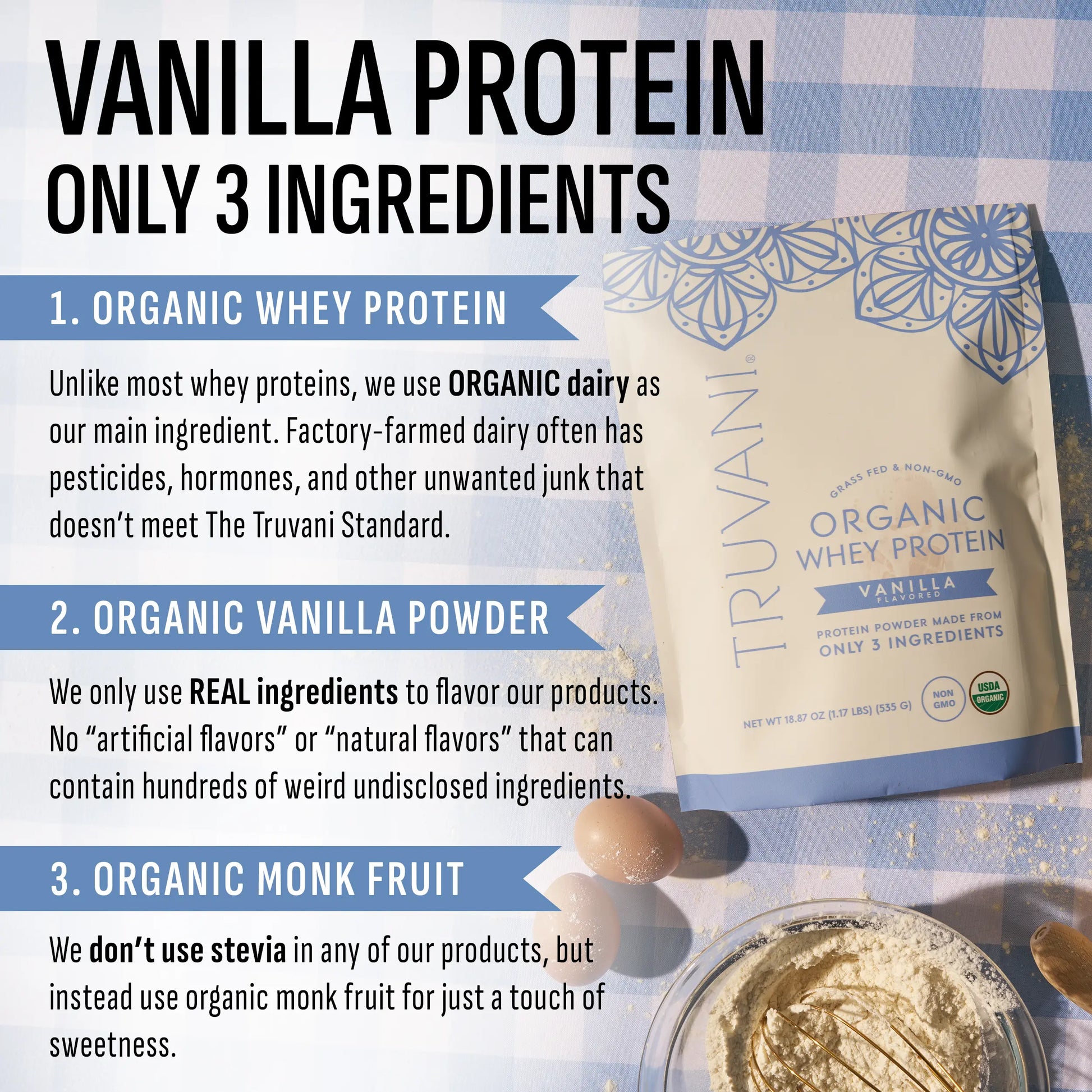 Elevate Your Nutrition with Truvani Organic Whey Protein Powder - 20g of Pure Grass-Fed Protein in 5 Delicious Flavors - USDA Organic, Non-GMO, Gluten-Free, and No Added Sugars!