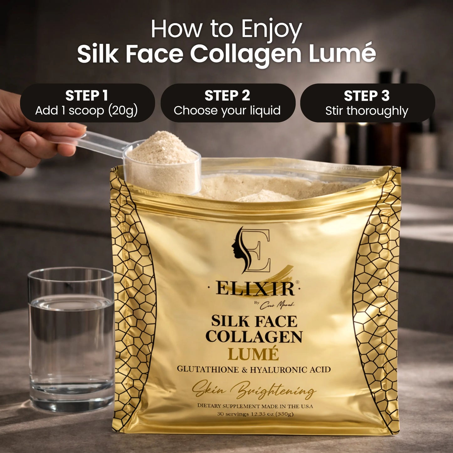 Elevate Your Radiance with Silk Face Collagen Lumé by Coco March – A Powerful Blend of Collagen, Glutathione, and Hyaluronic Acid for Youthful, Hydrated Skin – 20G Protein per Serving in a Convenient 12.35 Oz (350G) Format