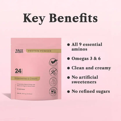 Indulge in Mett Wellness Strawberries & Cream Protein Powder - 24G of Grass-Fed Whey & Hemp Heart Goodness for Optimal Energy and Recovery!