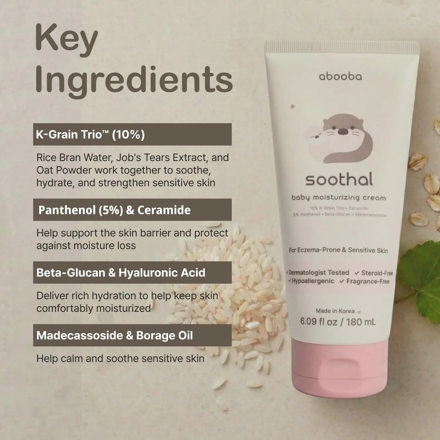 Abooba Soothal Baby Moisturizing Cream - Fragrance-Free Eczema Relief with Ceramide & Cica for Sensitive Skin - 24-Hour Hydration for Kids - 6.09 Fl Oz (180 ml)