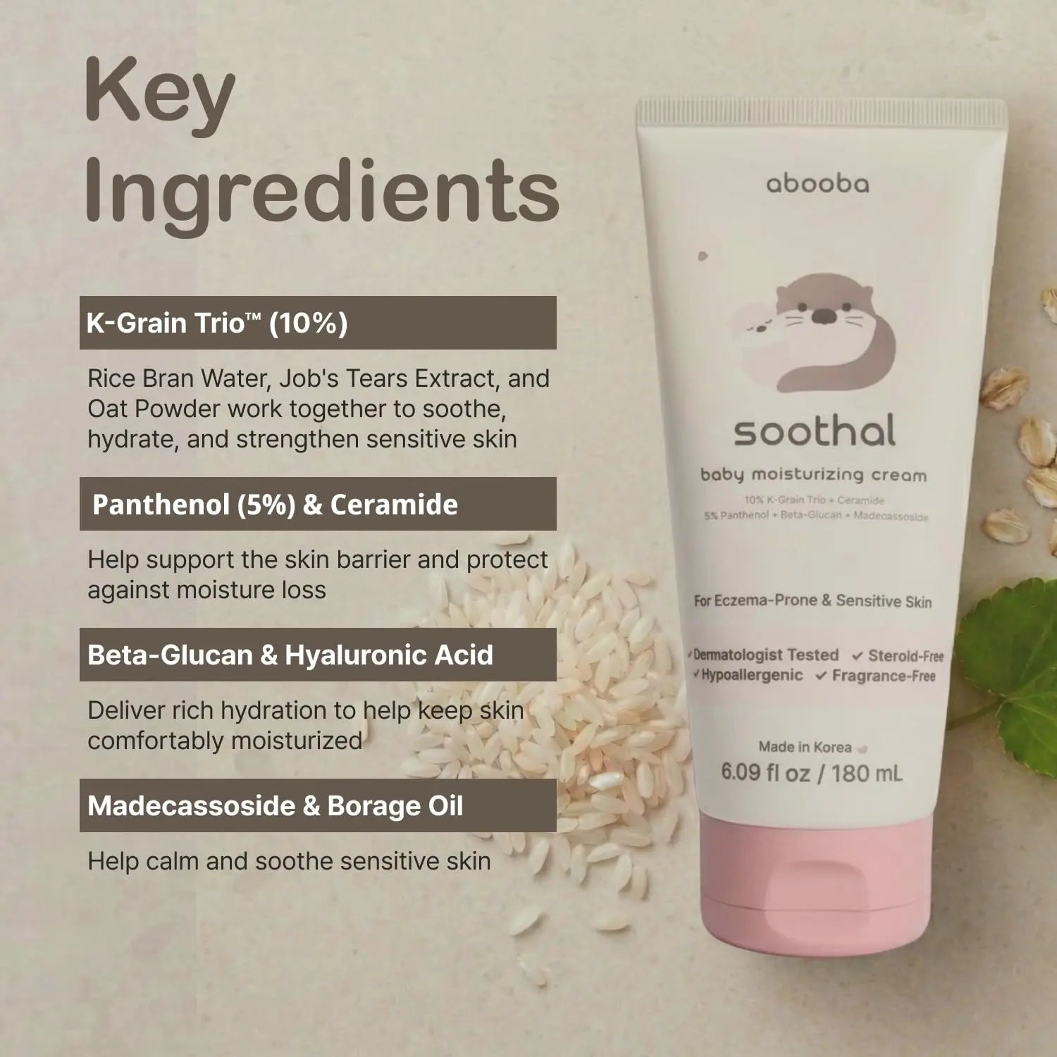Abooba Soothal Baby Moisturizing Cream - Fragrance-Free Eczema Relief with Ceramide & Cica for Sensitive Skin - 24-Hour Hydration for Kids - 6.09 Fl Oz (180 ml)