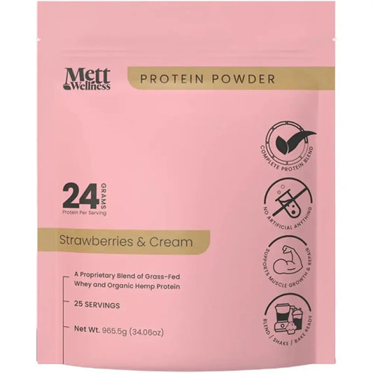 Indulge in Mett Wellness Strawberries & Cream Protein Powder - 24G of Grass-Fed Whey & Hemp Heart Goodness for Optimal Energy and Recovery!