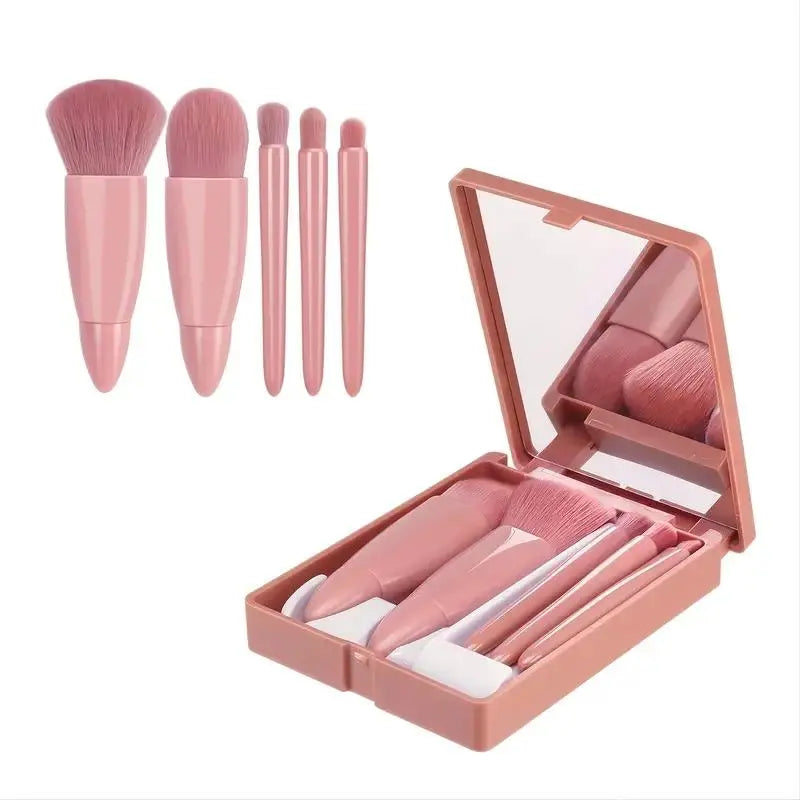 Ultimate Portable Makeup Brush Set with Mirror Case - 5 Essential Brushes for Flawless Beauty On-the-Go