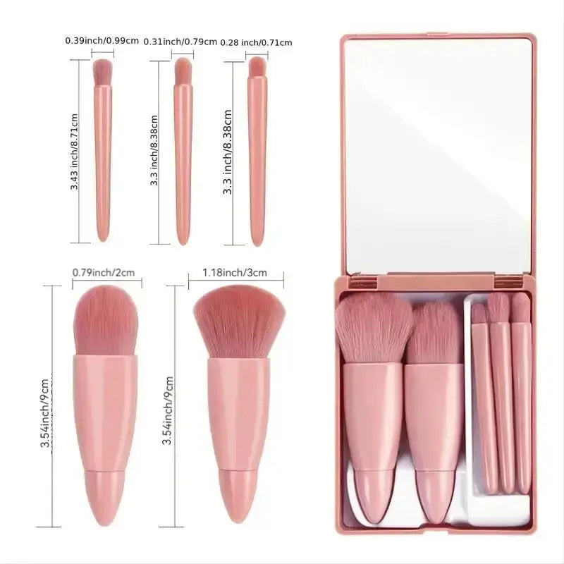 Ultimate Portable Makeup Brush Set with Mirror Case - 5 Essential Brushes for Flawless Beauty On-the-Go