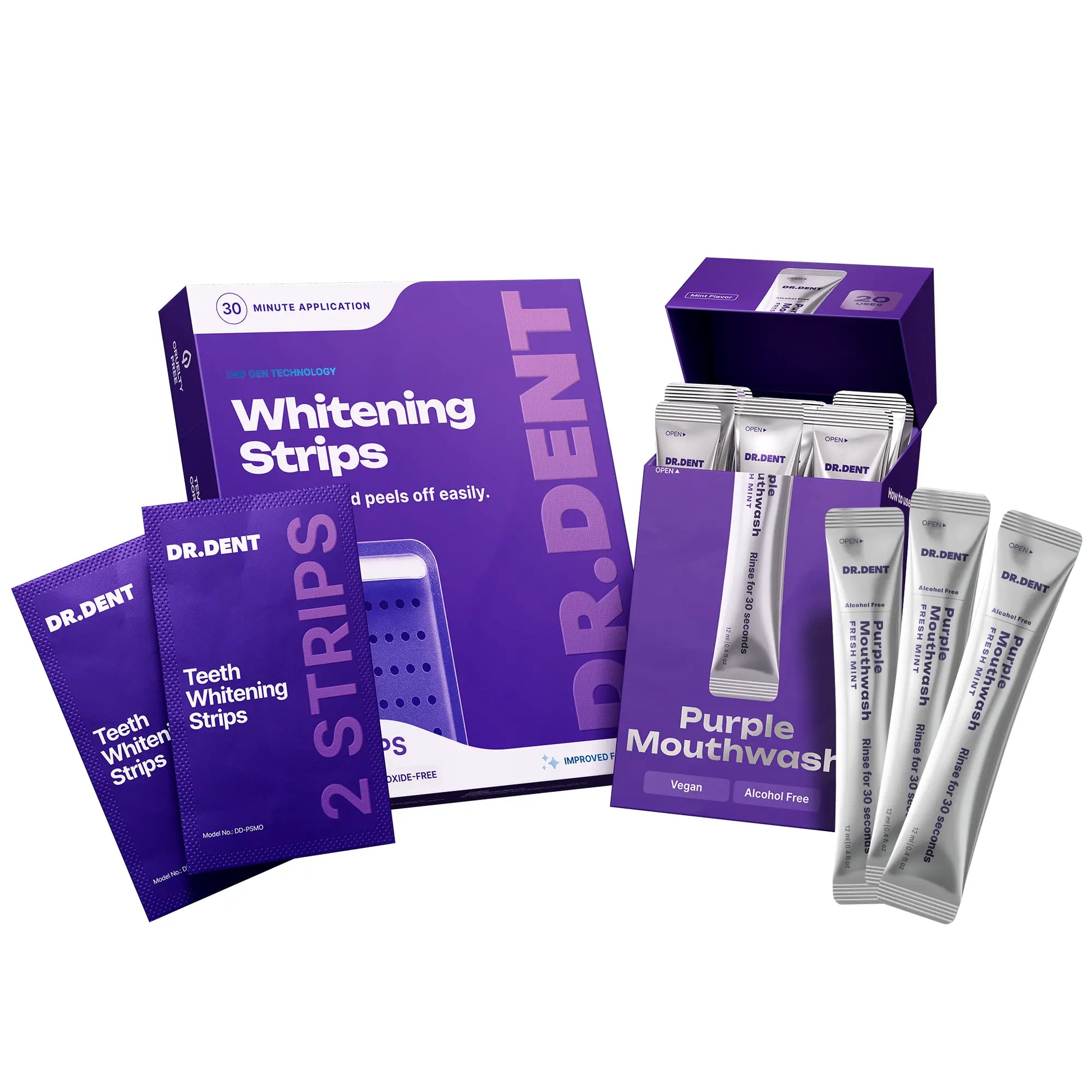 Transform Your Smile with DR.DENT's Purple Duo: Mouthwash & Whitening Strips for a Radiant, Confident You!