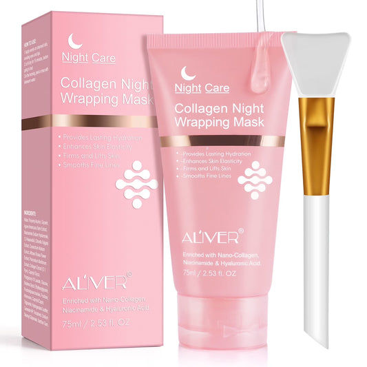 ALIVER Collagen Night Wrapping Mask, Peel off Collagen Face Mask for Women, Anti-Aging, Elasticity & Hydration, 2.53 Fl.Oz