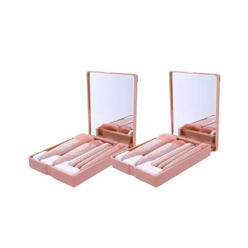 Ultimate Portable Makeup Brush Set with Mirror Case - 5 Essential Brushes for Flawless Beauty On-the-Go