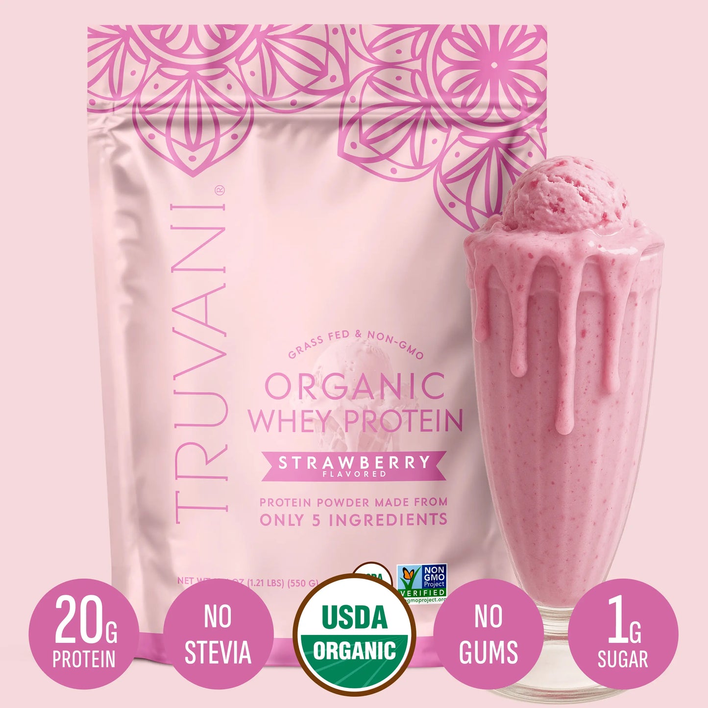 Elevate Your Nutrition with Truvani Organic Whey Protein Powder - 20g of Pure Grass-Fed Protein in 5 Delicious Flavors - USDA Organic, Non-GMO, Gluten-Free, and No Added Sugars!