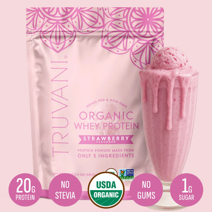 Elevate Your Nutrition with Truvani Organic Whey Protein Powder - 20g of Pure Grass-Fed Protein in 5 Delicious Flavors - USDA Organic, Non-GMO, Gluten-Free, and No Added Sugars!
