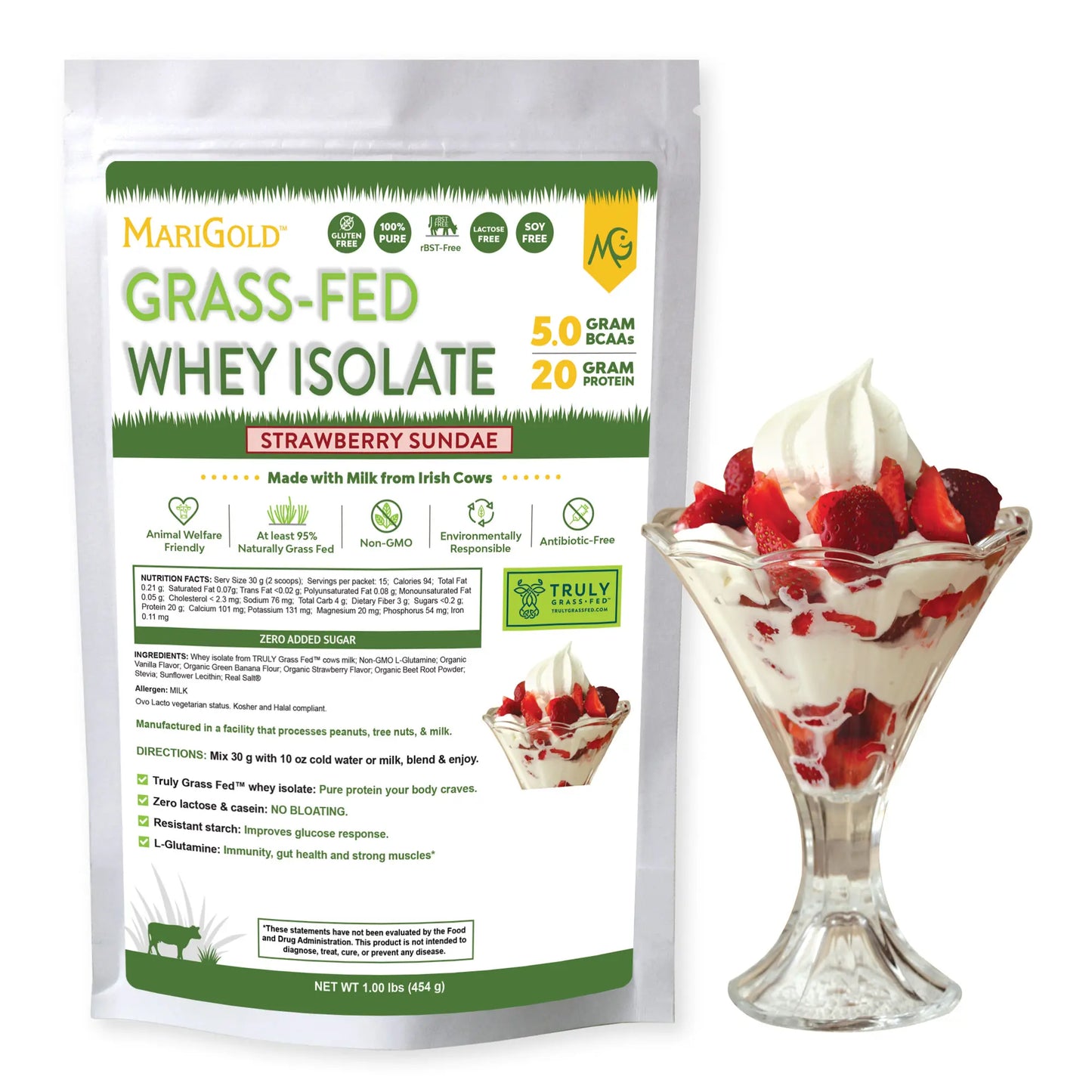 Indulge in the Creamy Delight of Marigold Grass-Fed Strawberry Sundae Whey Protein Isolate - 1Lb of Pure Nutrition!