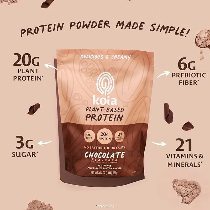 Indulge in Koia's Decadent Chocolate Plant-Based Protein Powder - 20G Protein, 6G Fiber, Packed with 21 Essential Vitamins & Minerals