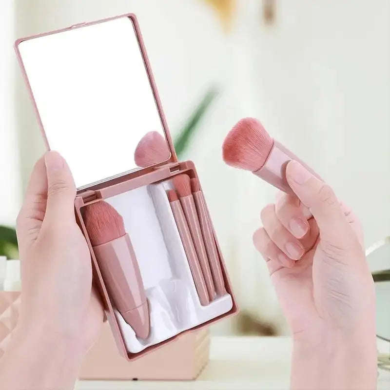Ultimate Portable Makeup Brush Set with Mirror Case - 5 Essential Brushes for Flawless Beauty On-the-Go