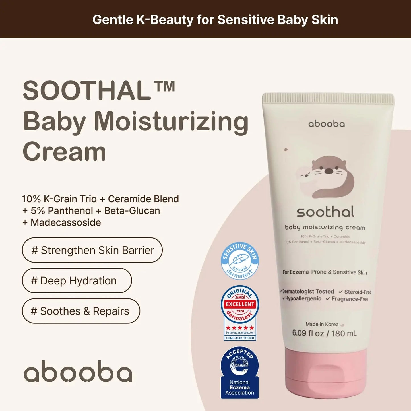Abooba Soothal Baby Moisturizing Cream - Fragrance-Free Eczema Relief with Ceramide & Cica for Sensitive Skin - 24-Hour Hydration for Kids - 6.09 Fl Oz (180 ml)