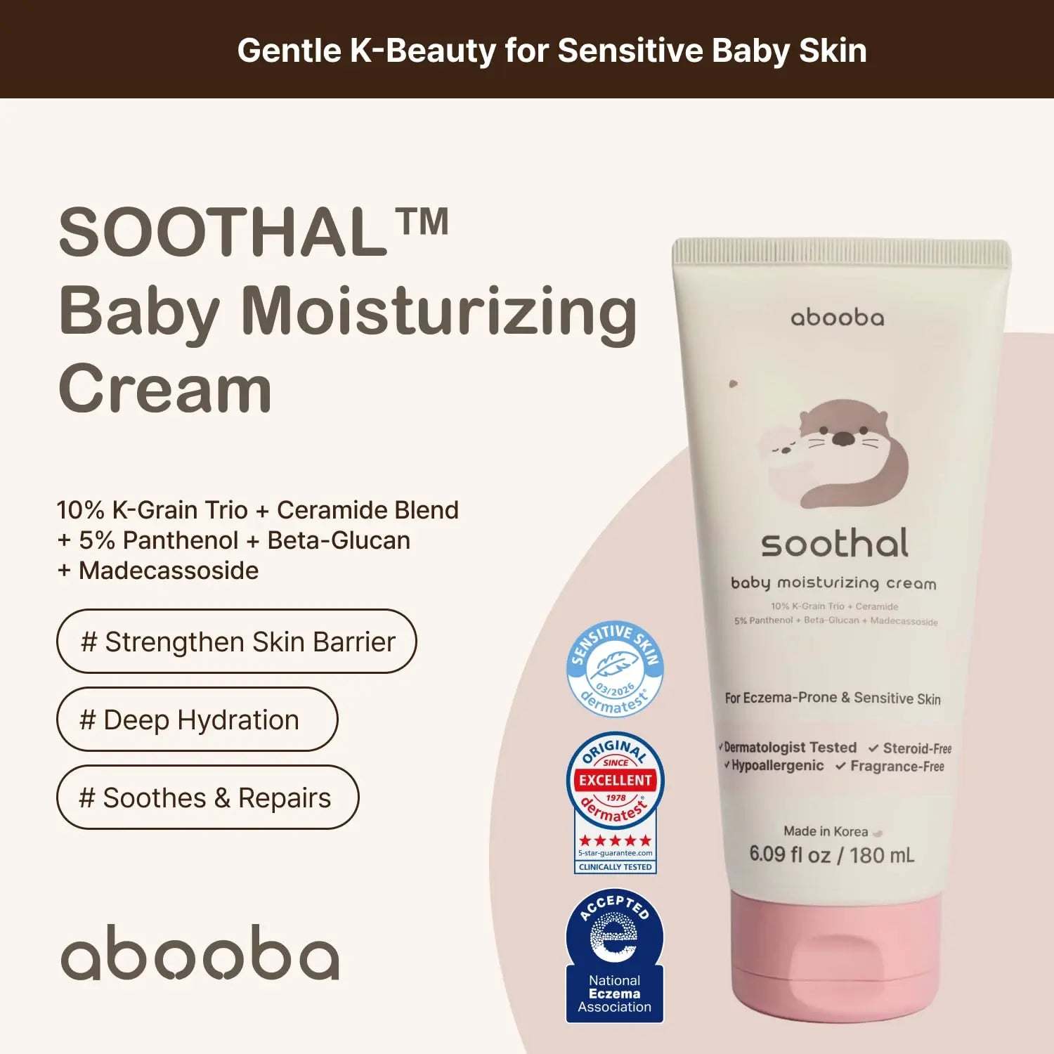 Abooba Soothal Baby Moisturizing Cream - Fragrance-Free Eczema Relief with Ceramide & Cica for Sensitive Skin - 24-Hour Hydration for Kids - 6.09 Fl Oz (180 ml)