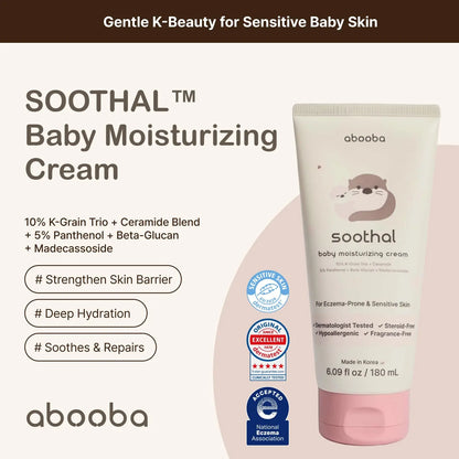 Abooba Soothal Baby Moisturizing Cream - Fragrance-Free Eczema Relief with Ceramide & Cica for Sensitive Skin - 24-Hour Hydration for Kids - 6.09 Fl Oz (180 ml)