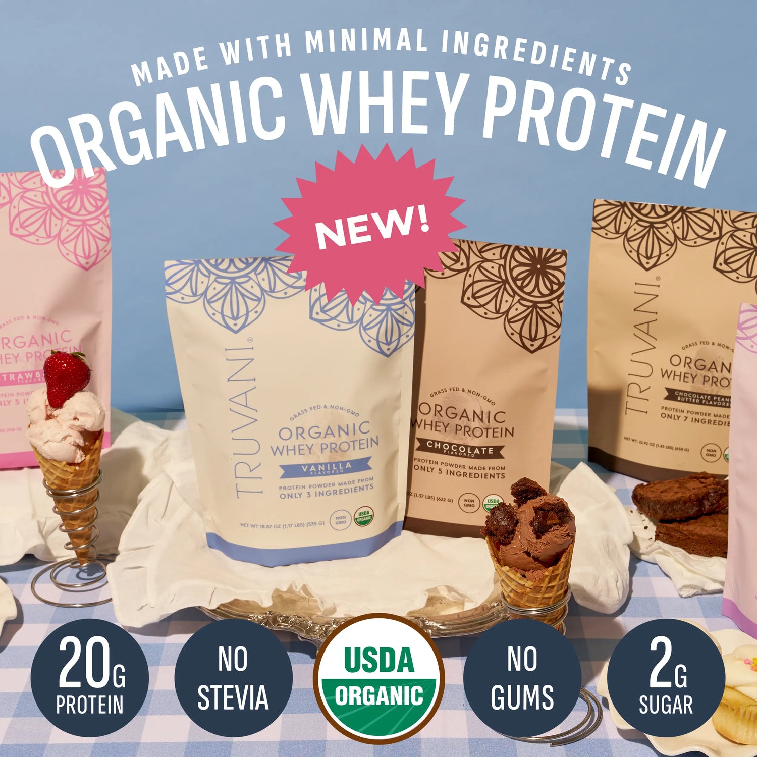 Elevate Your Nutrition with Truvani Organic Whey Protein Powder - 20g of Pure Grass-Fed Protein in 5 Delicious Flavors - USDA Organic, Non-GMO, Gluten-Free, and No Added Sugars!