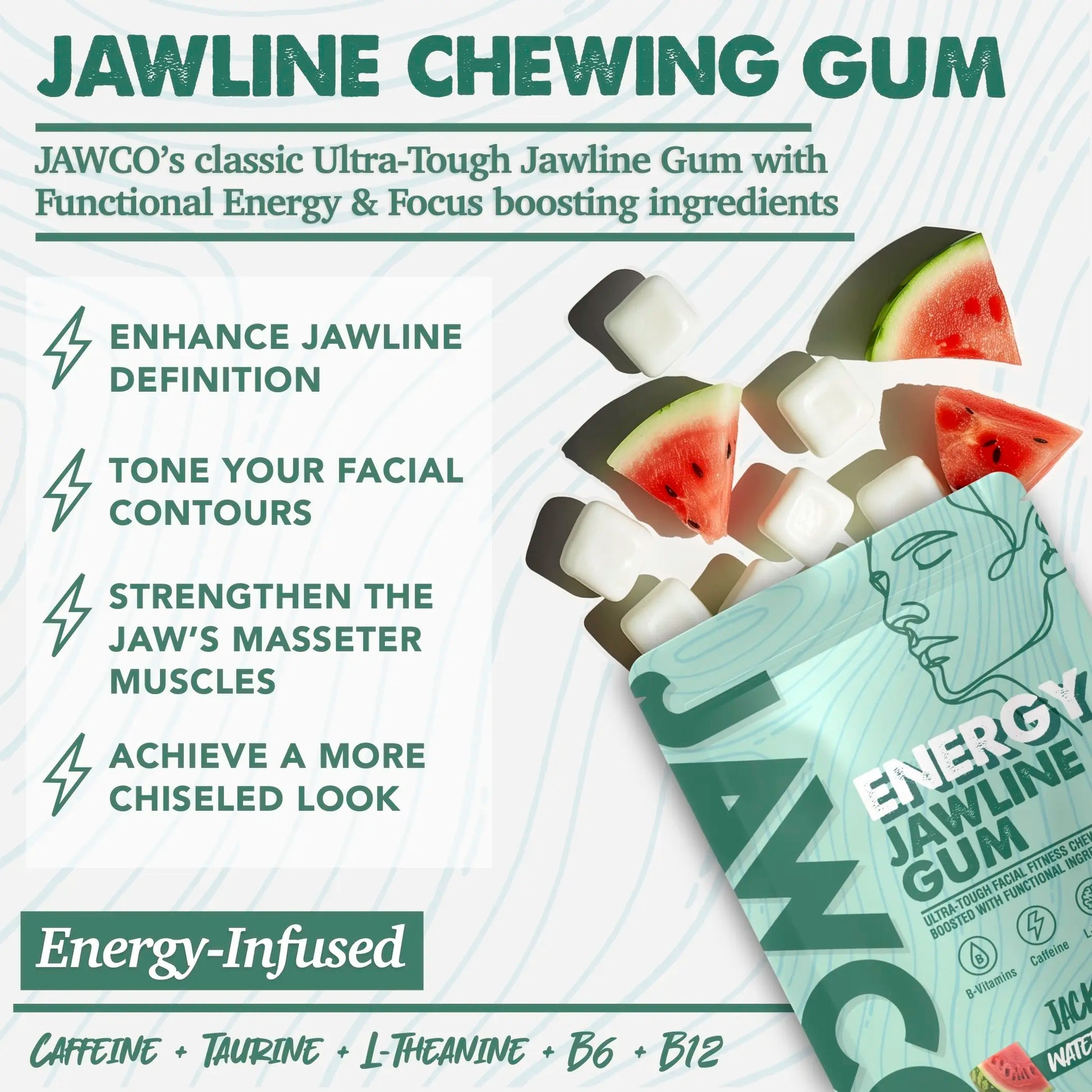 Transform Your Jawline with JAWCO Ultra-Tough Energy Chewing Gum | 30mg Caffeine & B Vitamins | Sugar-Free Watermelon Flavor | 35 Pieces for Daily Jaw Training
