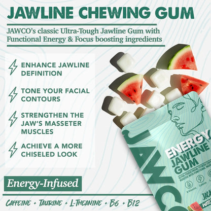 Transform Your Jawline with JAWCO Ultra-Tough Energy Chewing Gum | 30mg Caffeine & B Vitamins | Sugar-Free Watermelon Flavor | 35 Pieces for Daily Jaw Training