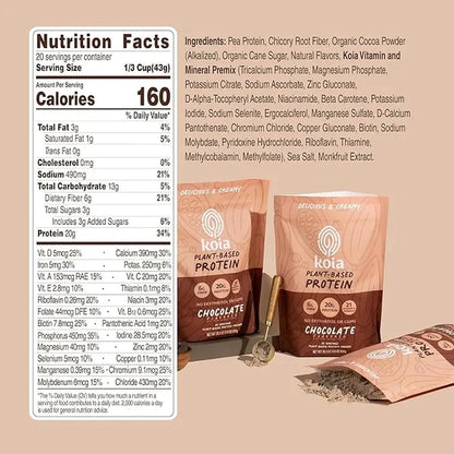 Indulge in Koia's Decadent Chocolate Plant-Based Protein Powder - 20G Protein, 6G Fiber, Packed with 21 Essential Vitamins & Minerals