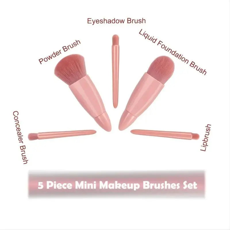 Ultimate Portable Makeup Brush Set with Mirror Case - 5 Essential Brushes for Flawless Beauty On-the-Go