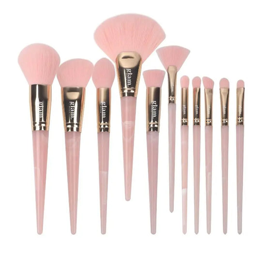 Elevate Your Beauty Routine with Glam Style Pink Marble Makeup Brushes - 11 Piece Set with Storage Bag