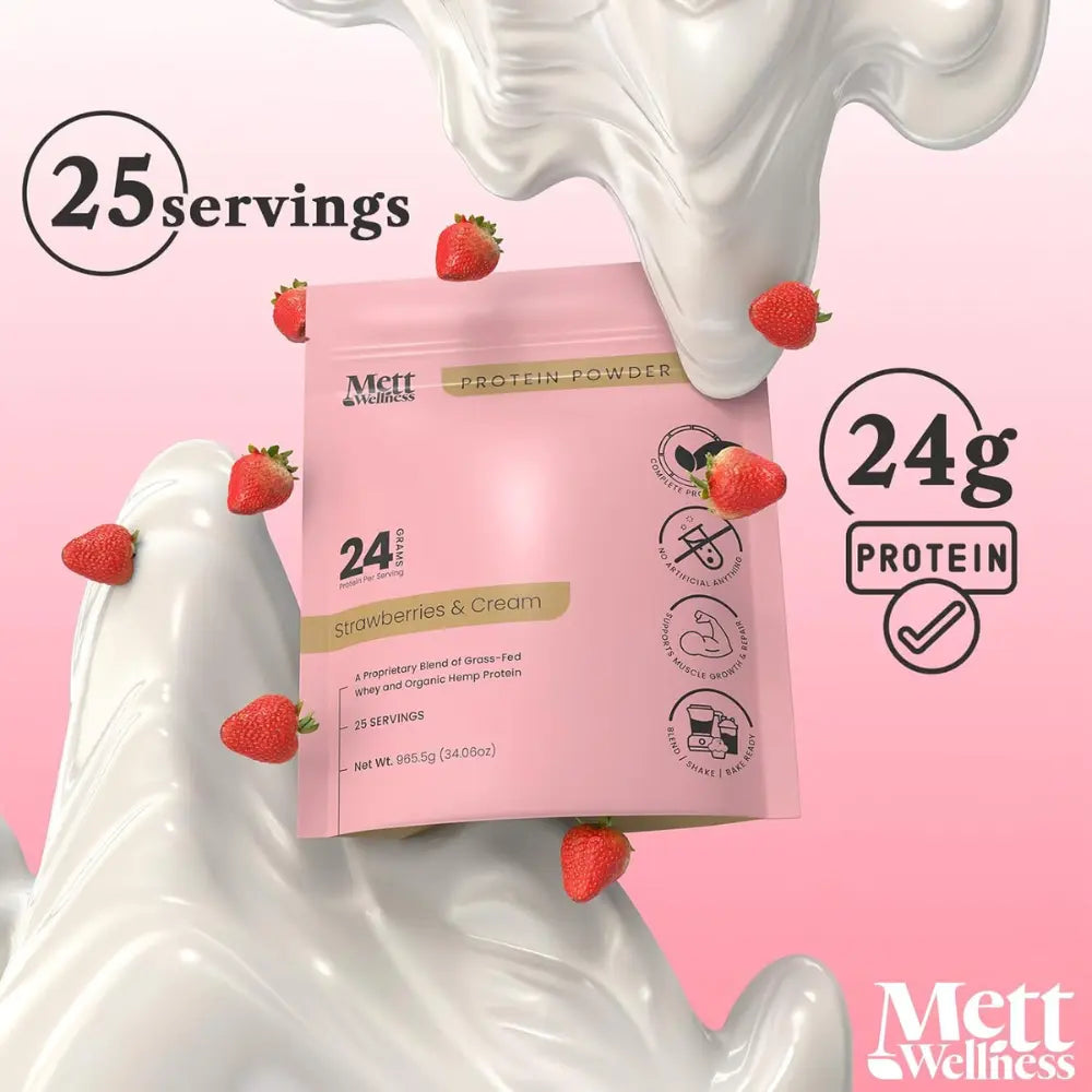 Indulge in Mett Wellness Strawberries & Cream Protein Powder - 24G of Grass-Fed Whey & Hemp Heart Goodness for Optimal Energy and Recovery!