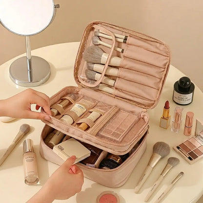 Stylish Unisex Oxford Cloth Make-Up Bag - Travel-Friendly Zippered Cosmetic Organizer with Adjustable Dividers and Multiple Compartments