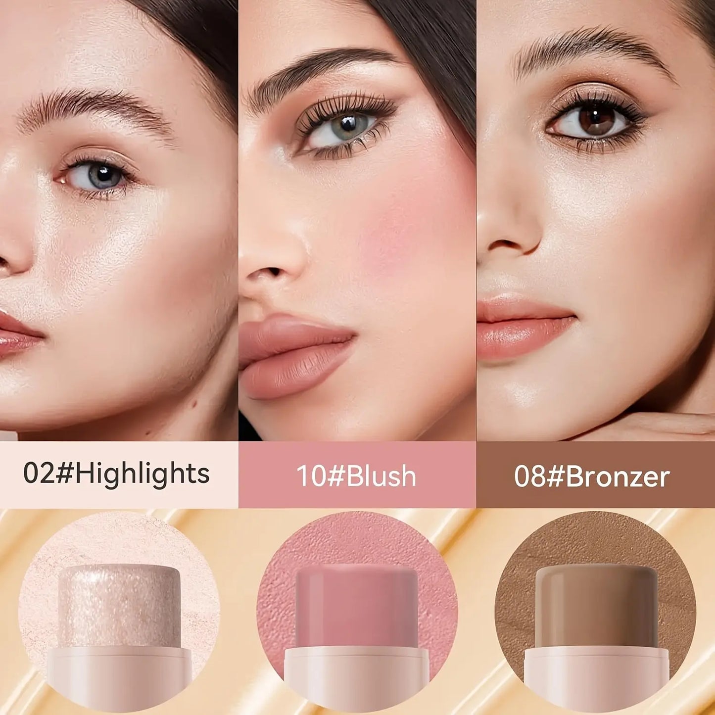 Achieve Flawless Radiance with Our 3-Piece Cream Contour Kit - Includes Contour Stick, Blush Stick, Highlighter Stick & Brush for Effortless Beauty!
