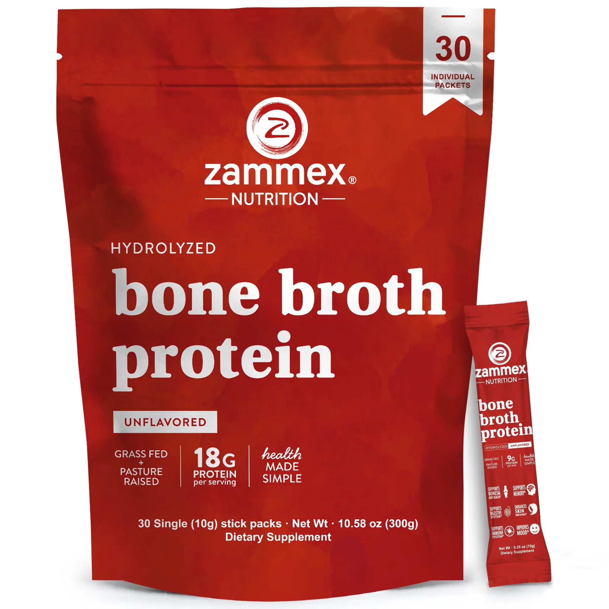 Zammex Hydrolyzed Bone Broth Protein Powder - 30 Convenient Travel Packets of Pure Collagen Peptides for Enhanced Fitness and Immune Support