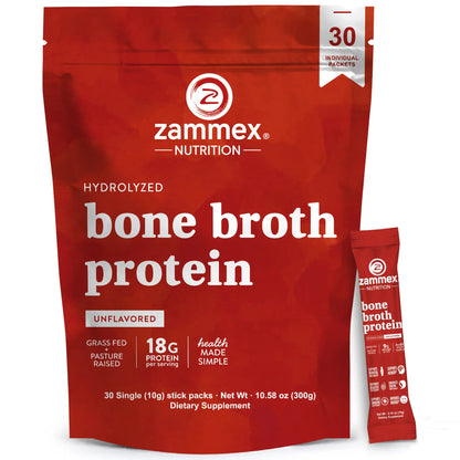 Zammex Hydrolyzed Bone Broth Protein Powder - 30 Convenient Travel Packets of Pure Collagen Peptides for Enhanced Fitness and Immune Support