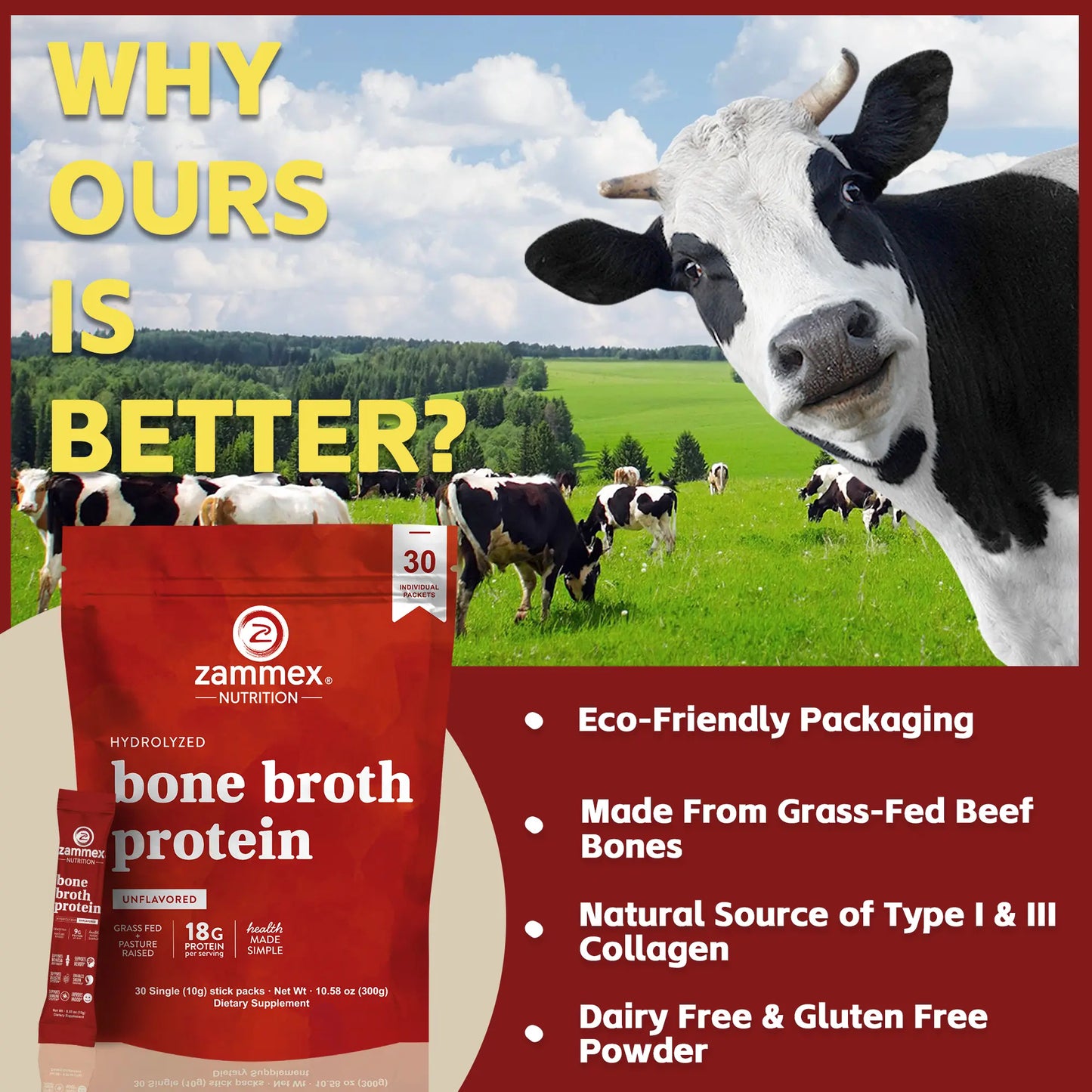 Zammex Hydrolyzed Bone Broth Protein Powder - 30 Convenient Travel Packets of Pure Collagen Peptides for Enhanced Fitness and Immune Support
