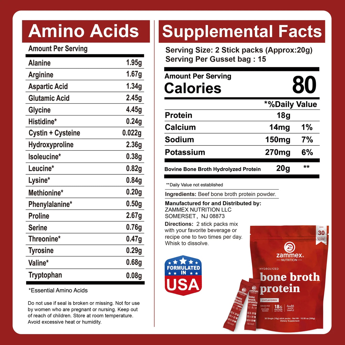 Zammex Hydrolyzed Bone Broth Protein Powder - 30 Convenient Travel Packets of Pure Collagen Peptides for Enhanced Fitness and Immune Support