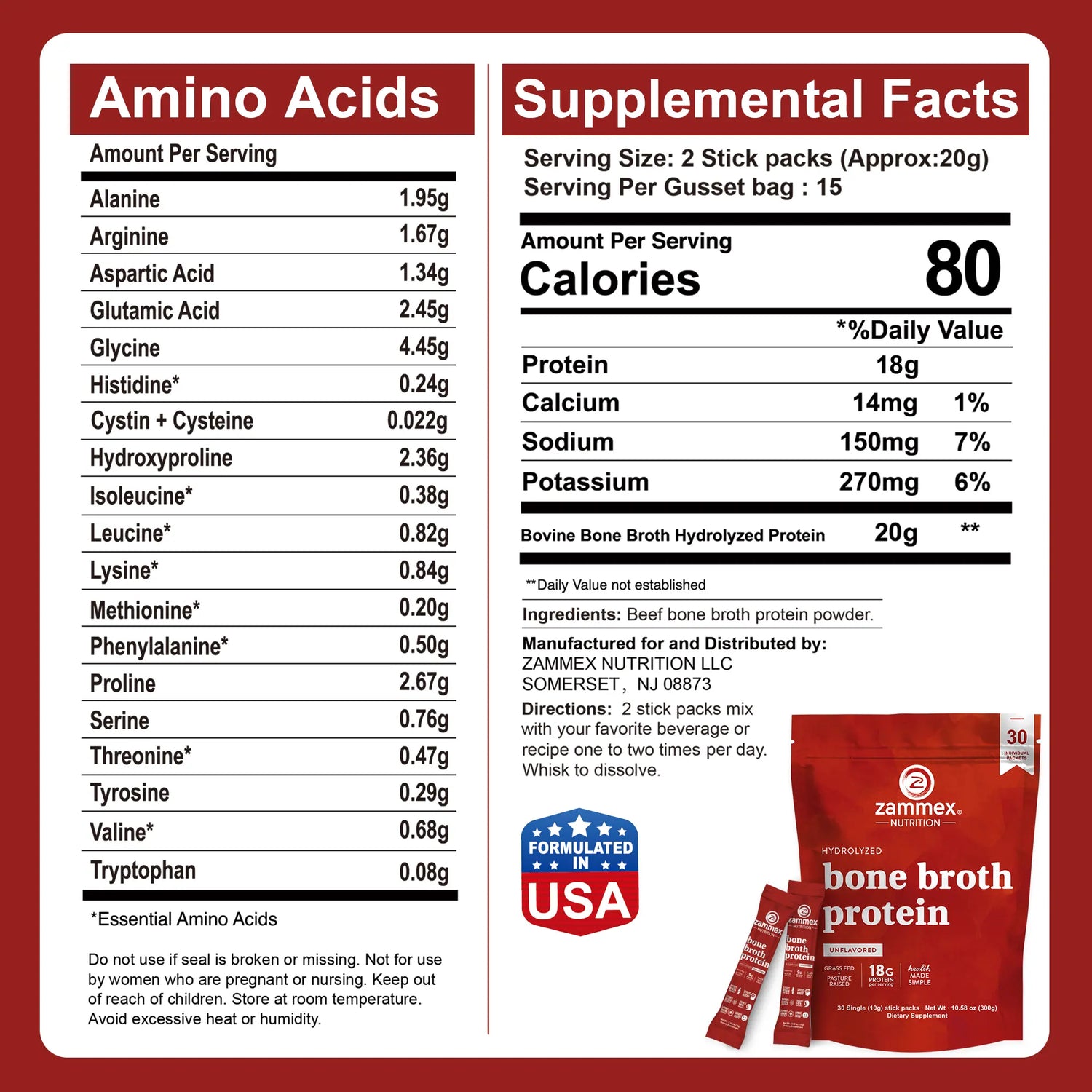 Zammex Hydrolyzed Bone Broth Protein Powder - 30 Convenient Travel Packets of Pure Collagen Peptides for Enhanced Fitness and Immune Support