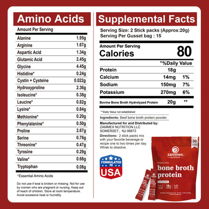 Zammex Hydrolyzed Bone Broth Protein Powder - 30 Convenient Travel Packets of Pure Collagen Peptides for Enhanced Fitness and Immune Support